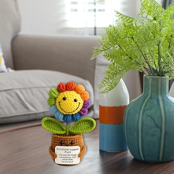 1Pcs Emotional Support Gift, Handmade Crochet Sunflower, Unique Home Decor for Plant Lovers, Colorful Crochet Plants Gift for Office or Living Space