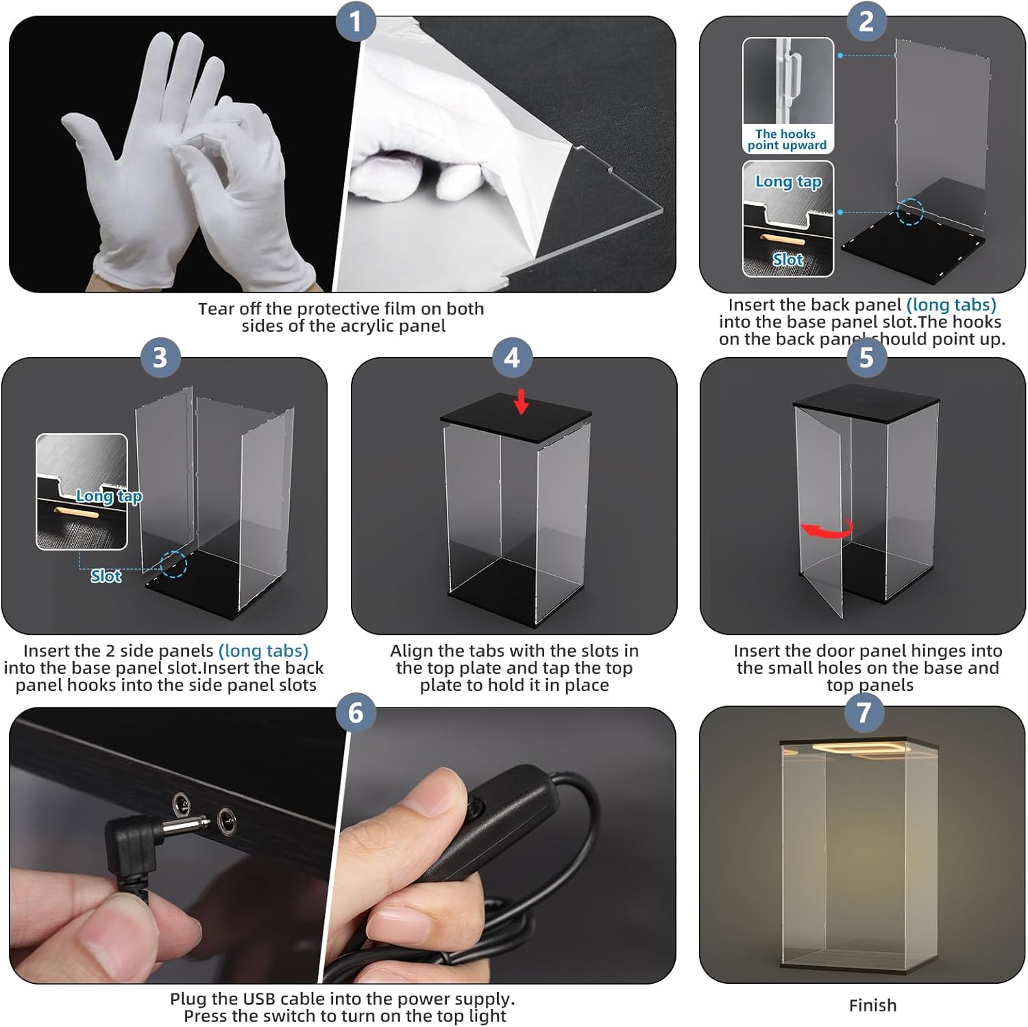 Nynelly Acrylic Display Case for Zimomo Labubu with Light, Clear Display Box for Large Collectibles Doll, Assemble Dustproof LED Showcase Storage Box with Door, 13.8x11.8x23.6in, Black - Image 7