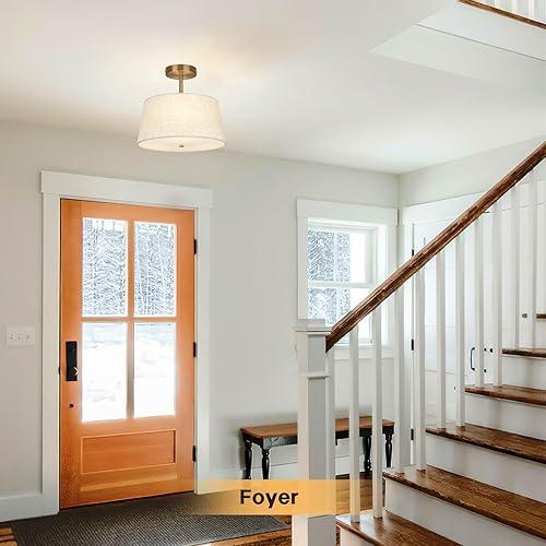 Miniatura 6 de Lámpara de techo semiempotrada moderna en forma de cono, lámpara de tambor de 3 luces con acabado de latón dorado y pantalla de tela beige para