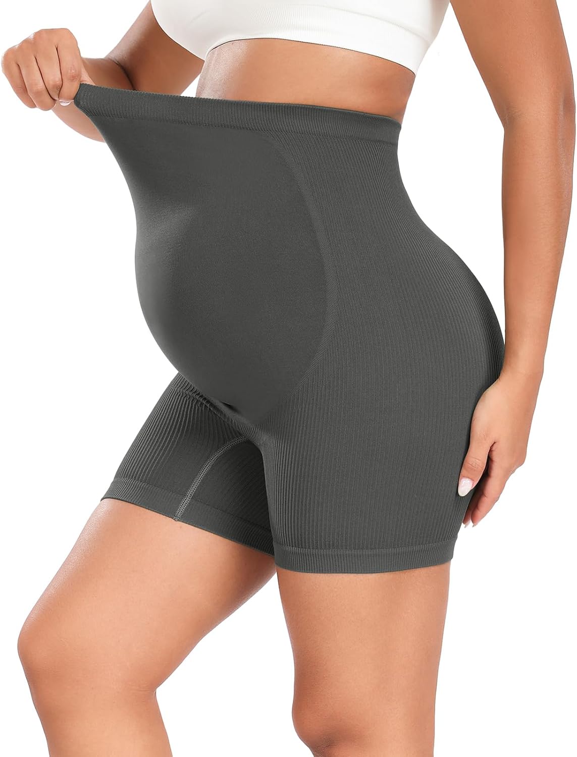 URUWASHI Ribbed Maternity Shorts Over The Belly Seamless 5" Pregnancy Workout Athletic Biker Shorts for Women - Image 2