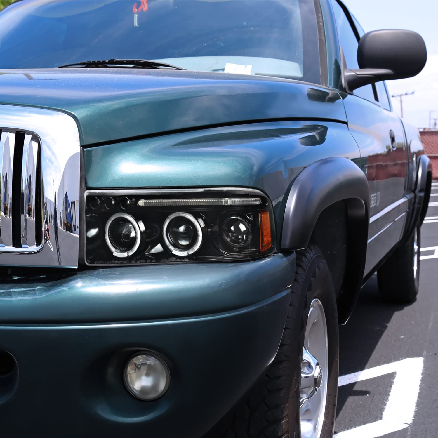 Spec-D Tuning Jet Black LED Dual Halo Projector Headlights Compatible with 1994-2001 Dodge Ram 1500/2500/3500, Left + Right Pair Headlamps Assembly