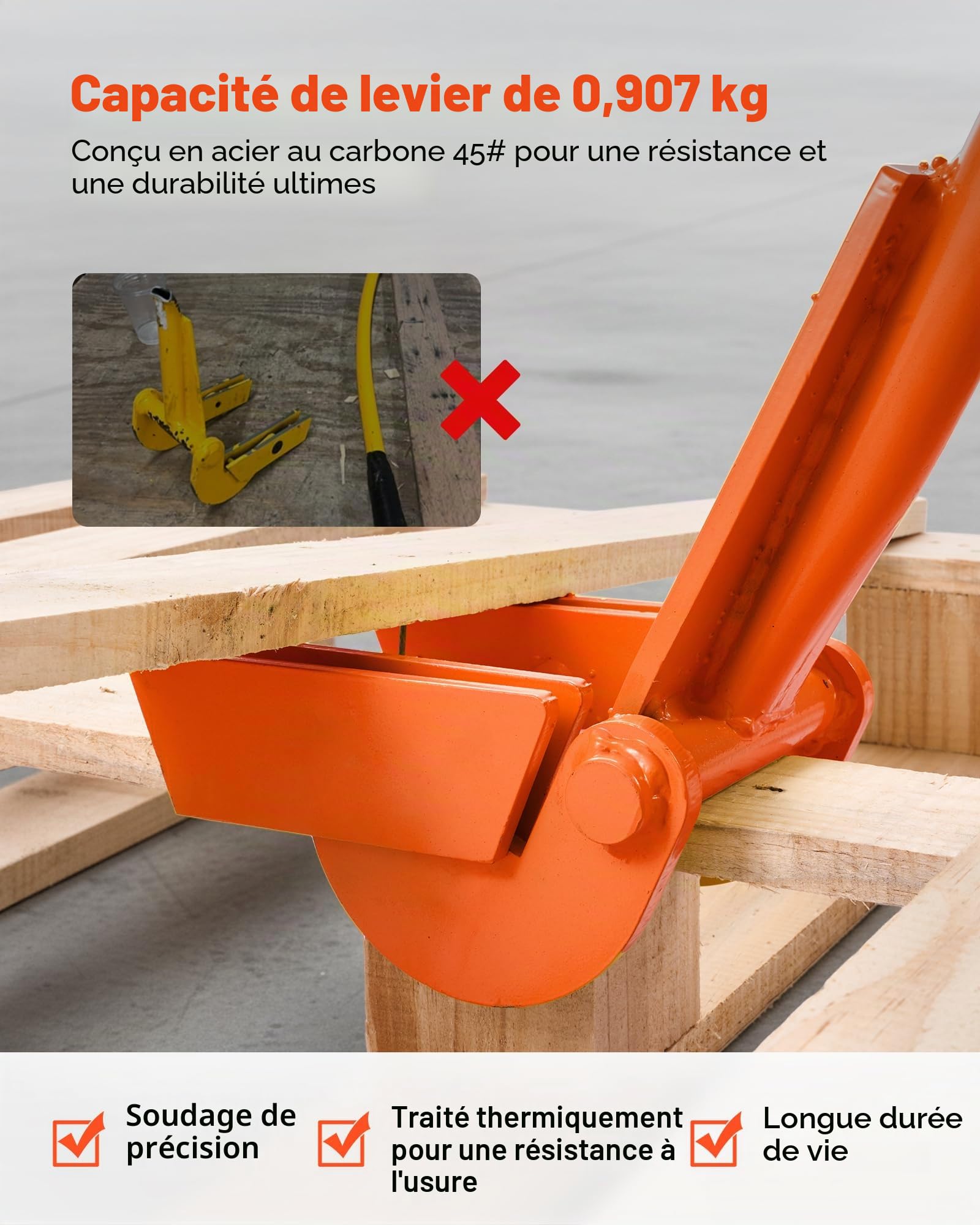 VEVOR Démonte Palette 907,18 kg Outil Démonte Palettes 114 cm Barre de Démontage pour Retrait Planches de Terrasse, Planchers, Charpentes, Toitures, Moulures, Cloisons Sèches, avec Tête Rabattable