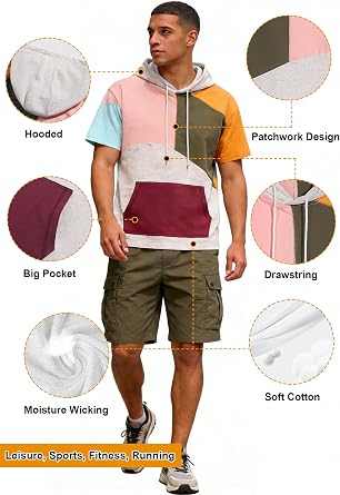 Men's Short-Sleeved Hoodie Colour Block T-Shirt Sweatshirt Hood Hip Hop Men's Hooded Shirt Short Sleeve Unisex Pullover