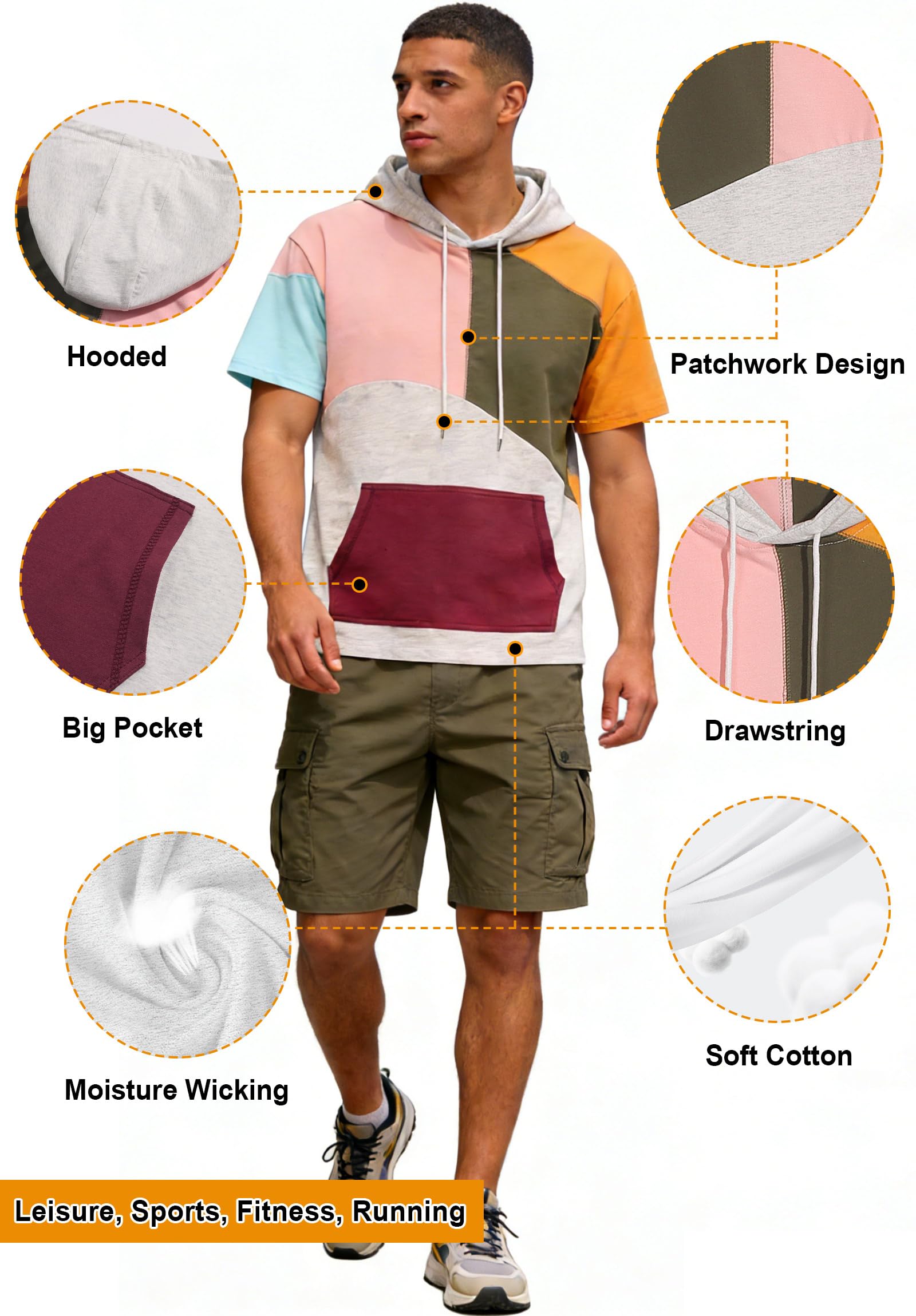 Sweat Manche Courte Homme Coton Tee Shirt à Capuche Color Block Pull à Capuche L'été Hoodie