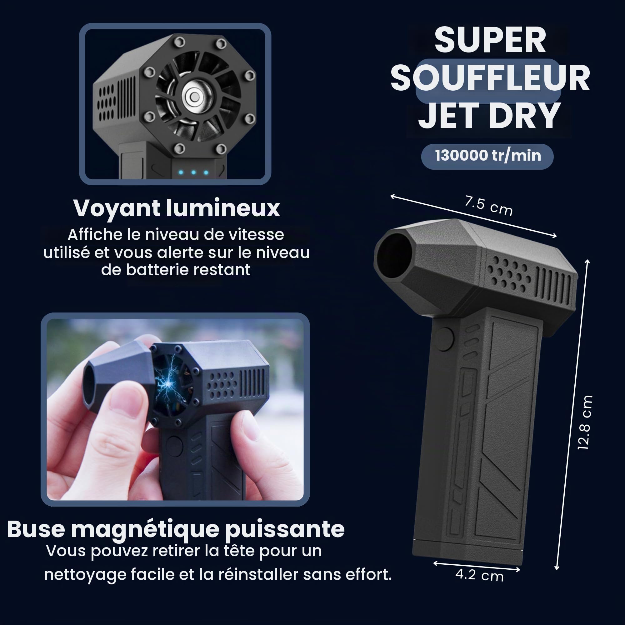 Souffleur Jet Dry, 130000 Tr/Min Puissant Souffleur avec 4 Modes, Fabriqué en Aluminium avec Lampe de Poche LED, Plumeau à Air Rechargeable USB C pour le Nettoyage de l'Extérieur, Meubles, Voiture.