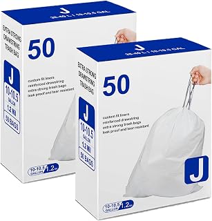 Code J 10-10.5 Gallon Heavy Duty Trash Bags 1.2 MIL THICK | Compatible with simplehuman Code J | 10-10.5 Gallon / 38-40 Liter Drawstring White Garbage Can Liners 50 Count 2 PACK 100 Count TOTAL