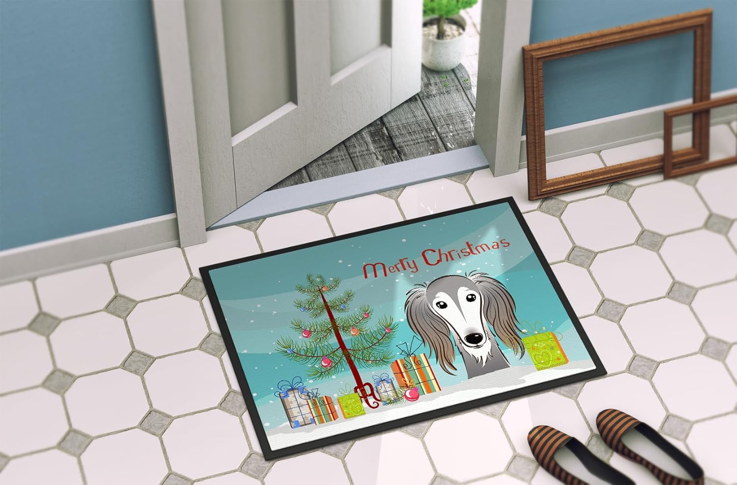 Caroline's Treasures BB1601MAT Christmas Tree and Saluki Doormat 18x27 Front Door Mat Indoor Outdoor Rugs for Entryway, Non Slip Washable Low Pile, 18H X 27W
