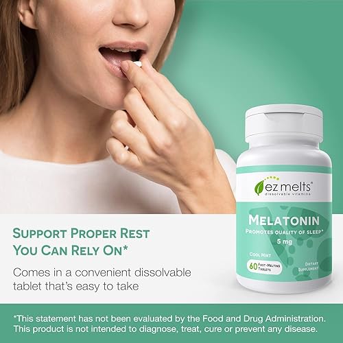 Miniatura 3 de EZ Melts Melatonina para dormir 5 mg vitaminas sublinguales veganas cero azúcar sabor natural a menta 60 tabletas de disolución rápida