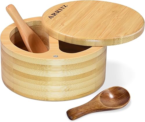 Salero, salero y pimentero de bambú, cuenco de sal con tapa giratoria y cuchara