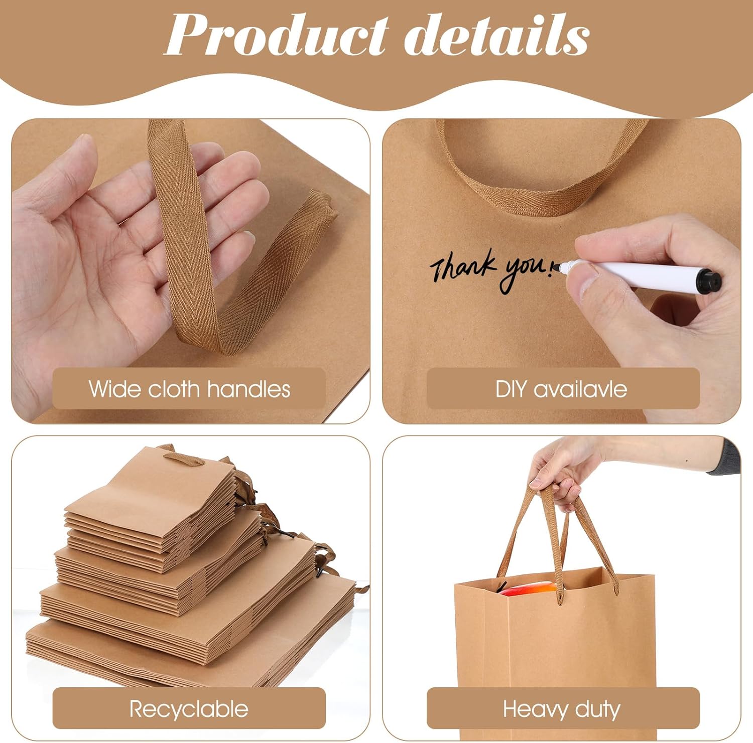 Meyeyaia 40 Pack Kraft Brown Paper Gift Bags with Handles,4 Sizes Paper Gift Wrap Goodie Bags, Dessert Shopping Bags for Business Party Favors((Vertical)
