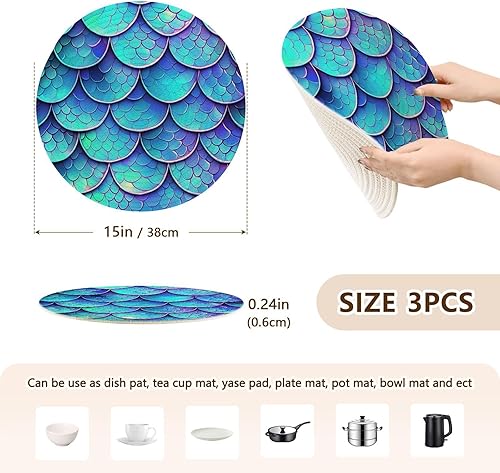 Miniatura 2 de 3 salvamanteles a prueba de calor, escamas de sirena azul coloridas para platos calientes, tejido de hilo de algodón de 15 pulgadas, soporte para