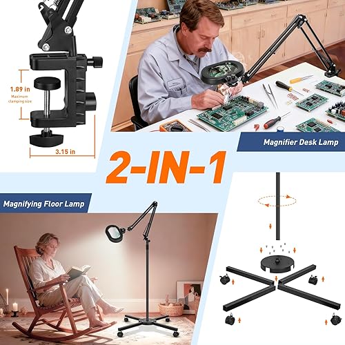 Miniatura 4 de KIRKAS Lupa de piso grande 12X con luz y soporte, color infinito regulable 2 en 1 lámpara de lupa iluminada para trabajo cercano, lectura