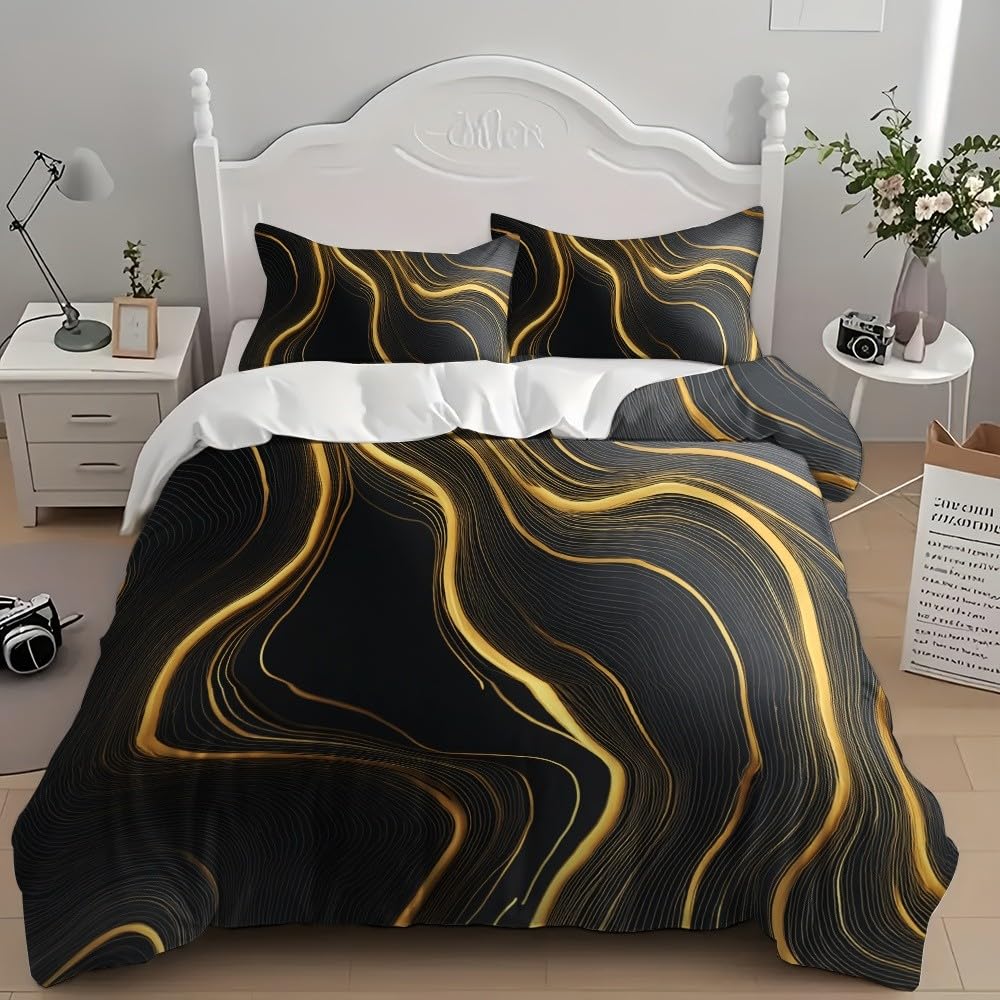 Zestaw poszewek na kołdrę 220x220 cm czarno-złoty 3 sztuki, nadruk 3D