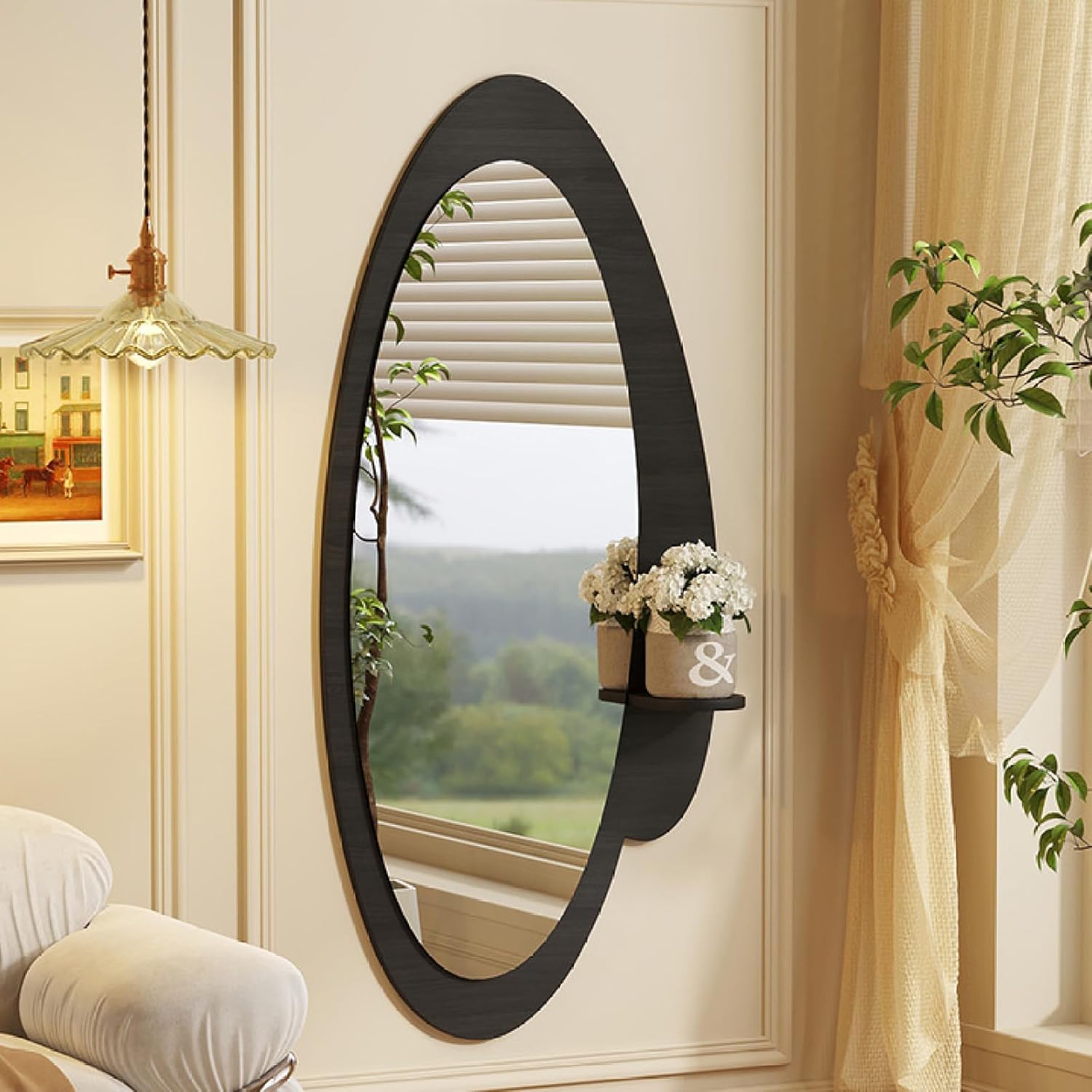 Wall Mounted Full Length Mirror with Display Shelf, Wood Framed Decorative Wall Mirror Irregular Wall-Mounted Mirror 39" x 20", Brown