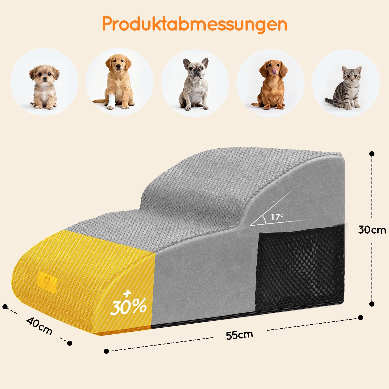 Hundetreppe - 2 Stufen verlängerte Rampe für kleine Hunde & Katzen - rutschfest - Wasserdicht - Abnehmbarer waschbarer Bezug - gelenkschonend für Sofa und Bett
