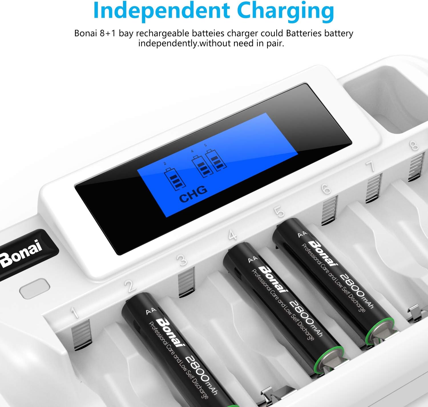 BONAI 8+1 Bay AA Battery Charger with LCD Display for Rechargeable AA/AAA NiMH/NiCd 9V Batteries