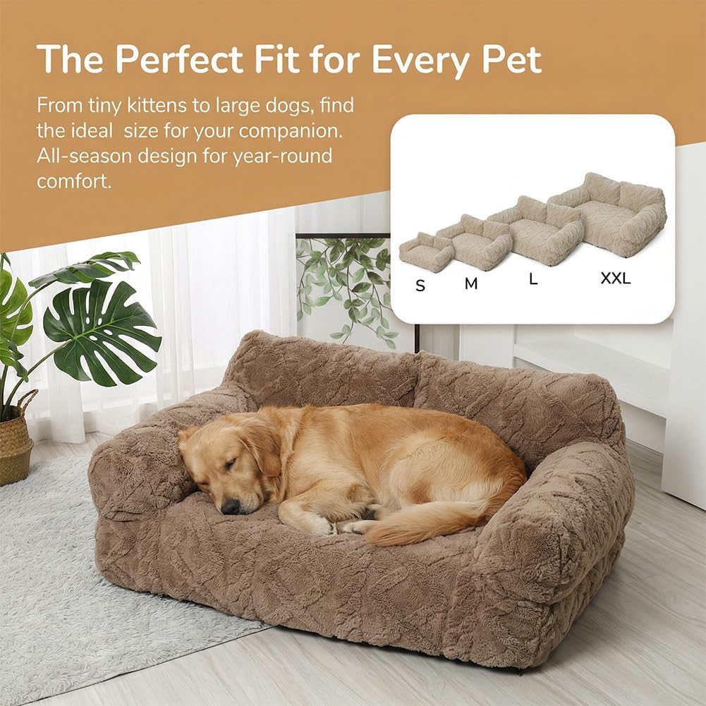 Plush Calming Pet Sofa Bed - Soft Fluffy Dog and Cat Couch Bed, with Removable and Machine Washable Cover, Non-Slip Bottom, 5 Sizes for Small Medium Large Pets, All-Season Comfor (Gray, Medium)