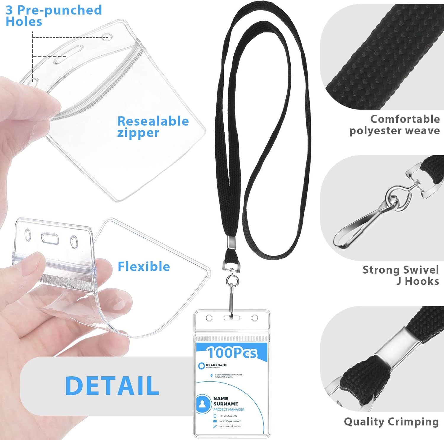 Marspark 100 Sets Clear Lanyard with ID Holder Bulk Flat Lanyard with Retractable Badge Plastic Waterproof Name Badge Holder with J Hook Clip for Business(Vertical Style)