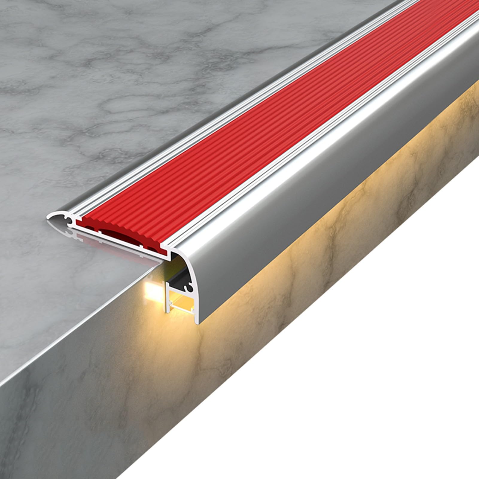 Stair Nosing Molding, Anti Slip Step Edge Trim with LED Light Slot, Aluminum Stair Edging for Cinema Hotel Home School(Red,150cm/59in)