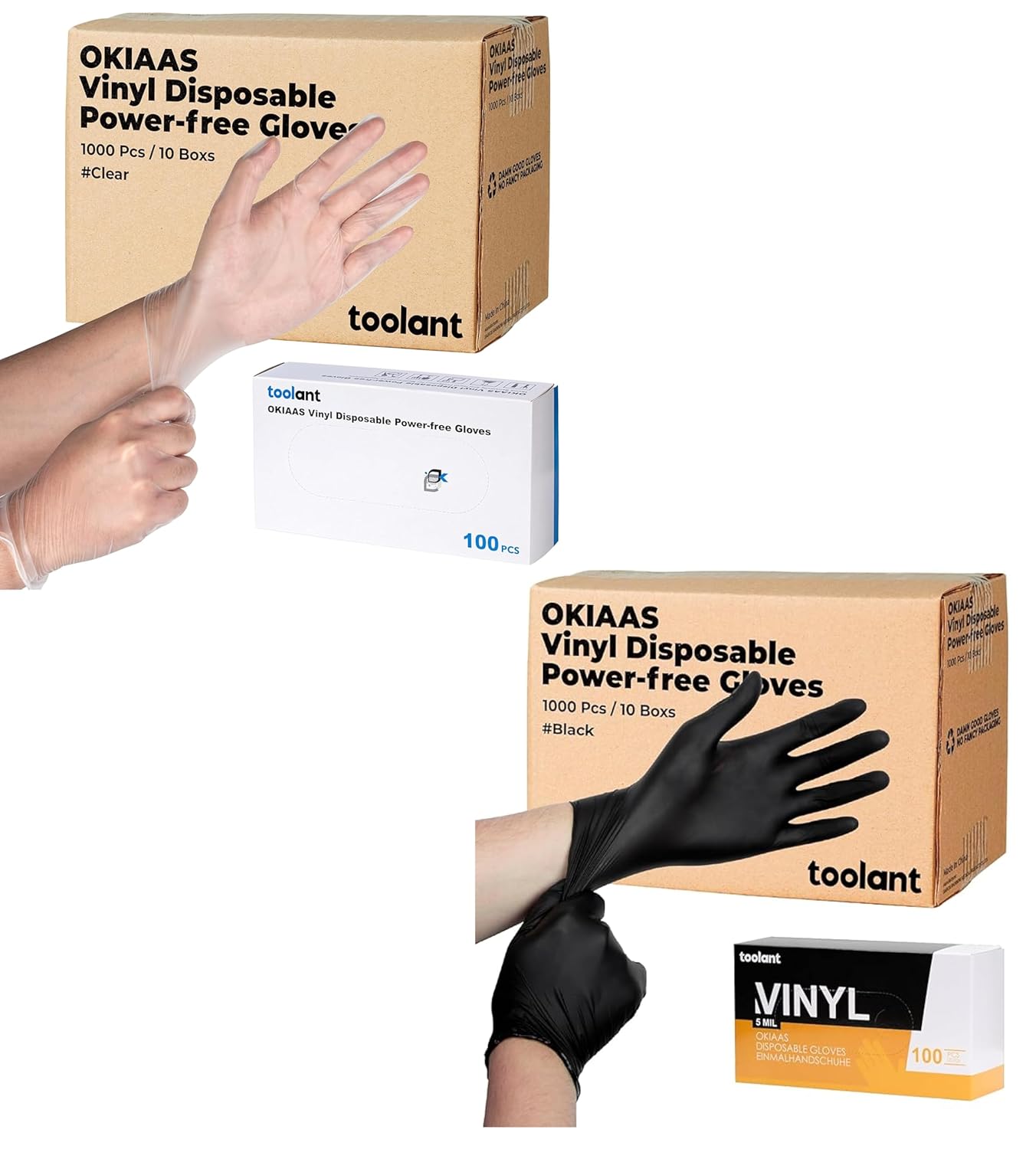 OKIAAS Black & Clear Disposable Vinyl Gloves Bundle, 1000 PCS Each, 2000 PCS Total, Food Grade, Latex-Free, Powder-Free, Multipurpose Gloves for Cleaning, Cooking, Food Handling