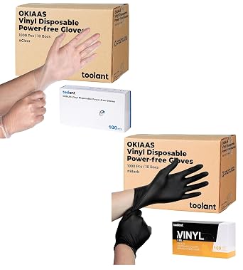OKIAAS Black & Clear Disposable Vinyl Gloves Bundle, 1000 PCS Each, 2000 PCS Total, Food Grade, Latex-Free, Powder-Free, Multipurpose Gloves for Cleaning, Cooking, Food Handling