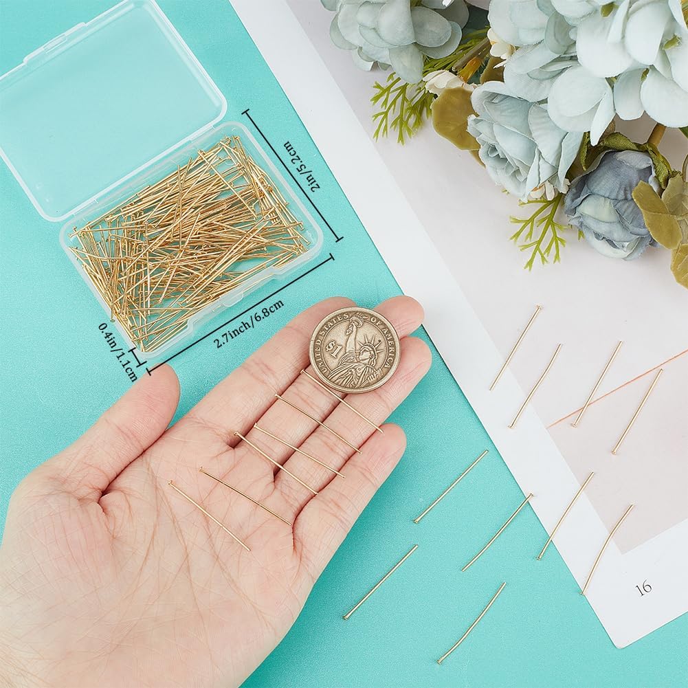 Beebeecraft 1 Box 200Pcs 30mm Jewellery Head Pins 16K Gold Plated Stainless Steel Flat Headpins Beading Pins Bendable Wire Pin for Earring Pendant Bracelet Necklace Jewelry DIY Craft