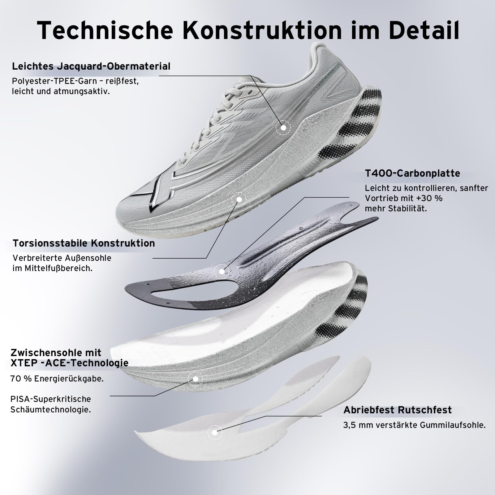 XTEP Scarpe da corsa da uomo, per principianti, maratona, piastra in carbonio a forma di pala, 70% ammortizzazione, scarpe da corsa leggere, traspiranti, antiscivolo, ammortizzate