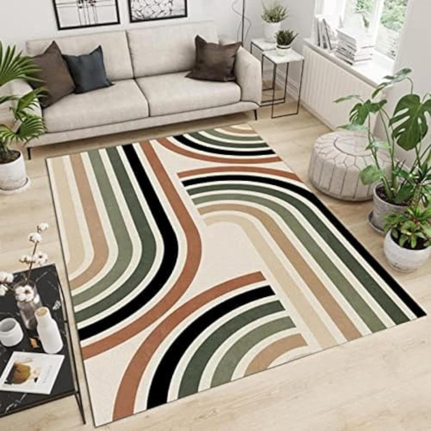 Vintage Mid Century Geometry Kids Nursery Area Rug, Abstract Boho Brown Black Green Rainbow Bedroom Rug, Non-Slip Soft Thin Low Pile Washable Mat for Living Room Entryway Hallway（2x3ft）