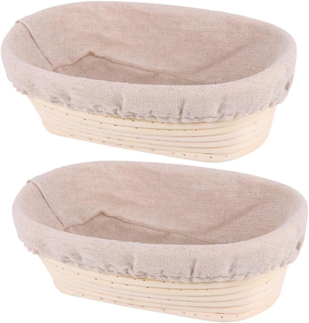2 Sets Rattan Banneton Proofing Basket with Fabric Liner Oval Shape Sourdough Container for Home Bakers Easy to Clean Smooth Surface Reusable Dough Bowl