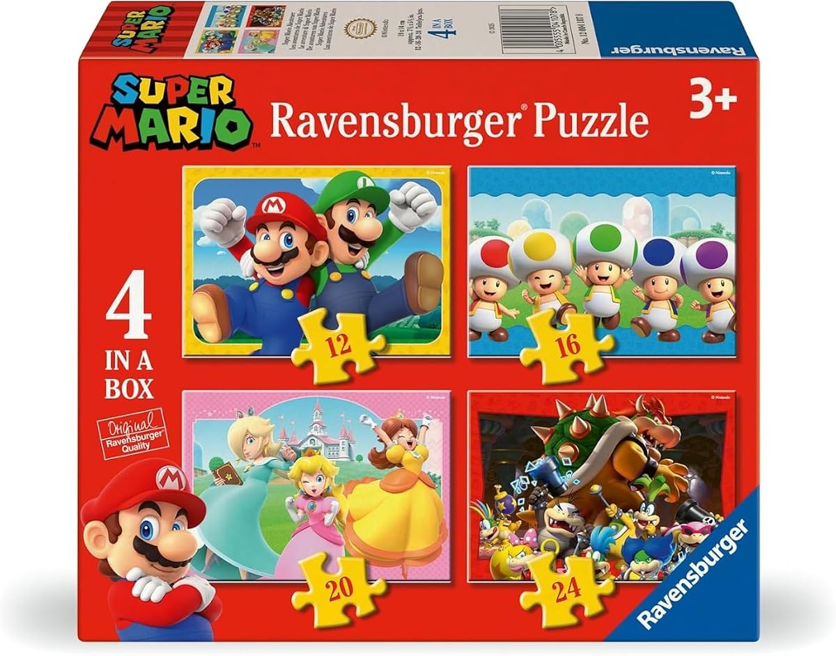 Ravensburger - 2D Puzzle for Children, 4 in Box 12/16/20/24 Pieces Super Mario, 12004107