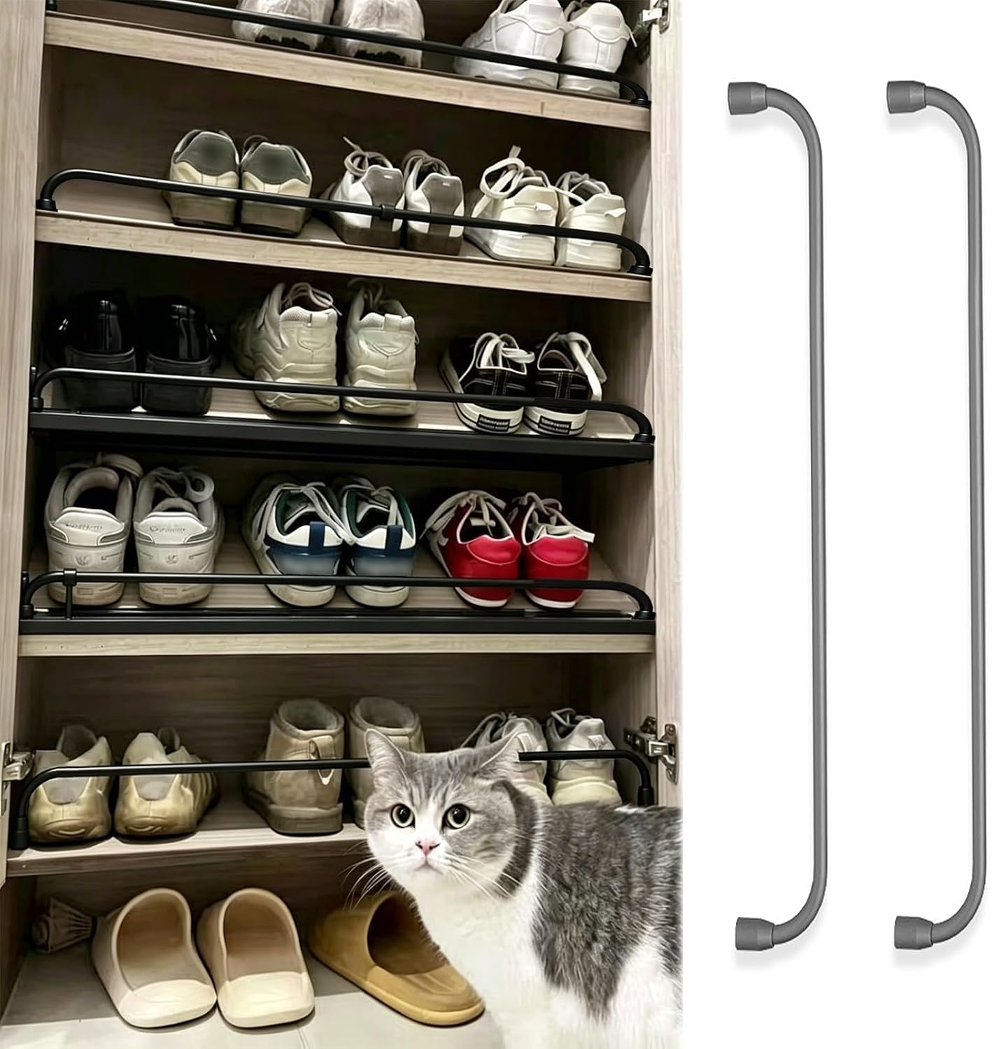2 Pack Shoe Rack Shelf Guard Rail Set, Sturdy Aluminum Anti-Fall Fence for Closet & Entryways, 15in Antique Brass Shelf Guard Bars for Boots & Shoes