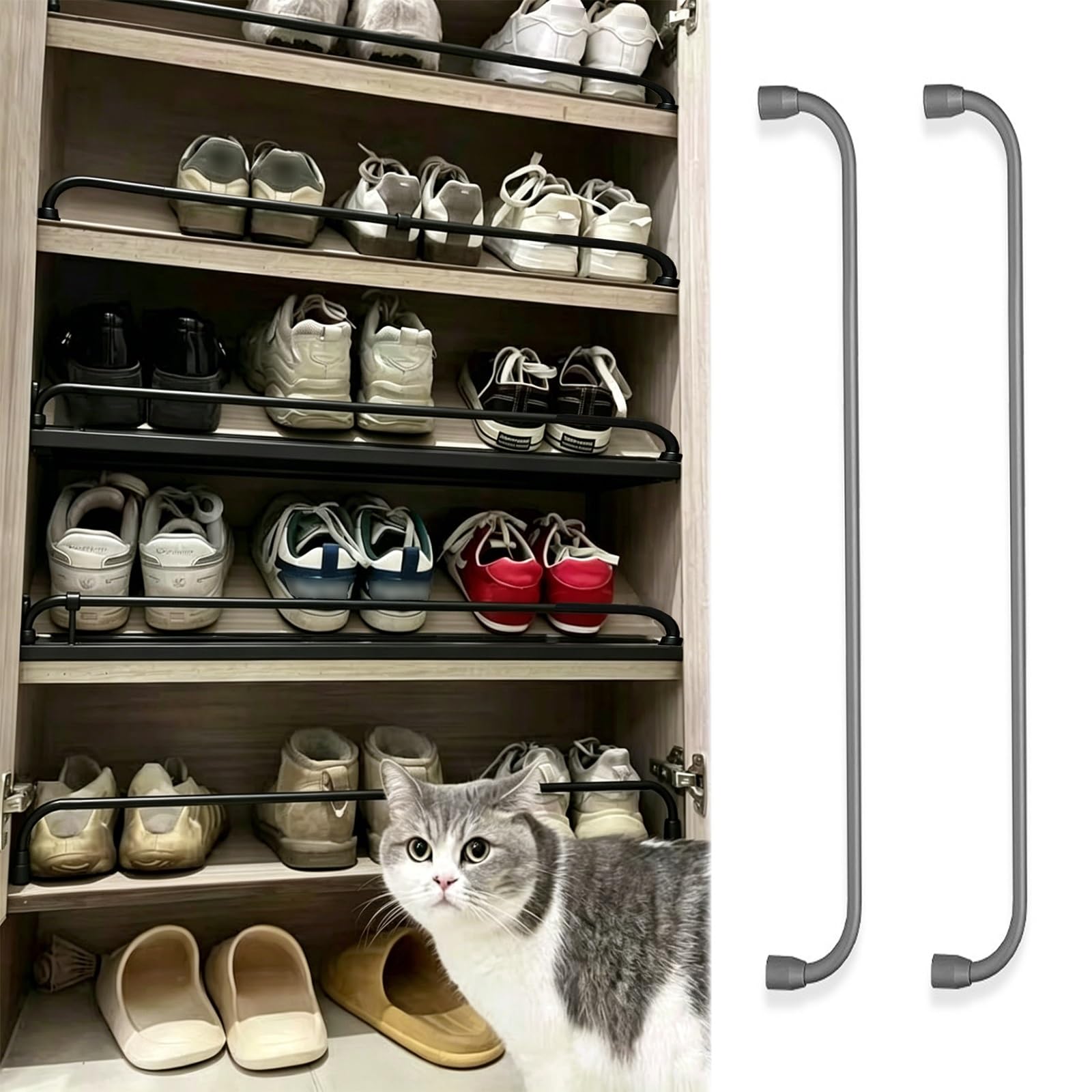 ERRULAN 2 Pack Shelf Guard Rail Fence Set for Shoe Racks/Bookshelf, Sturdy Anti-fall Shelf Rail Guard Bar Rod, Aluminum Decorative Gallery Rails for Closet/Entryways(Grey,66cm/26in)
