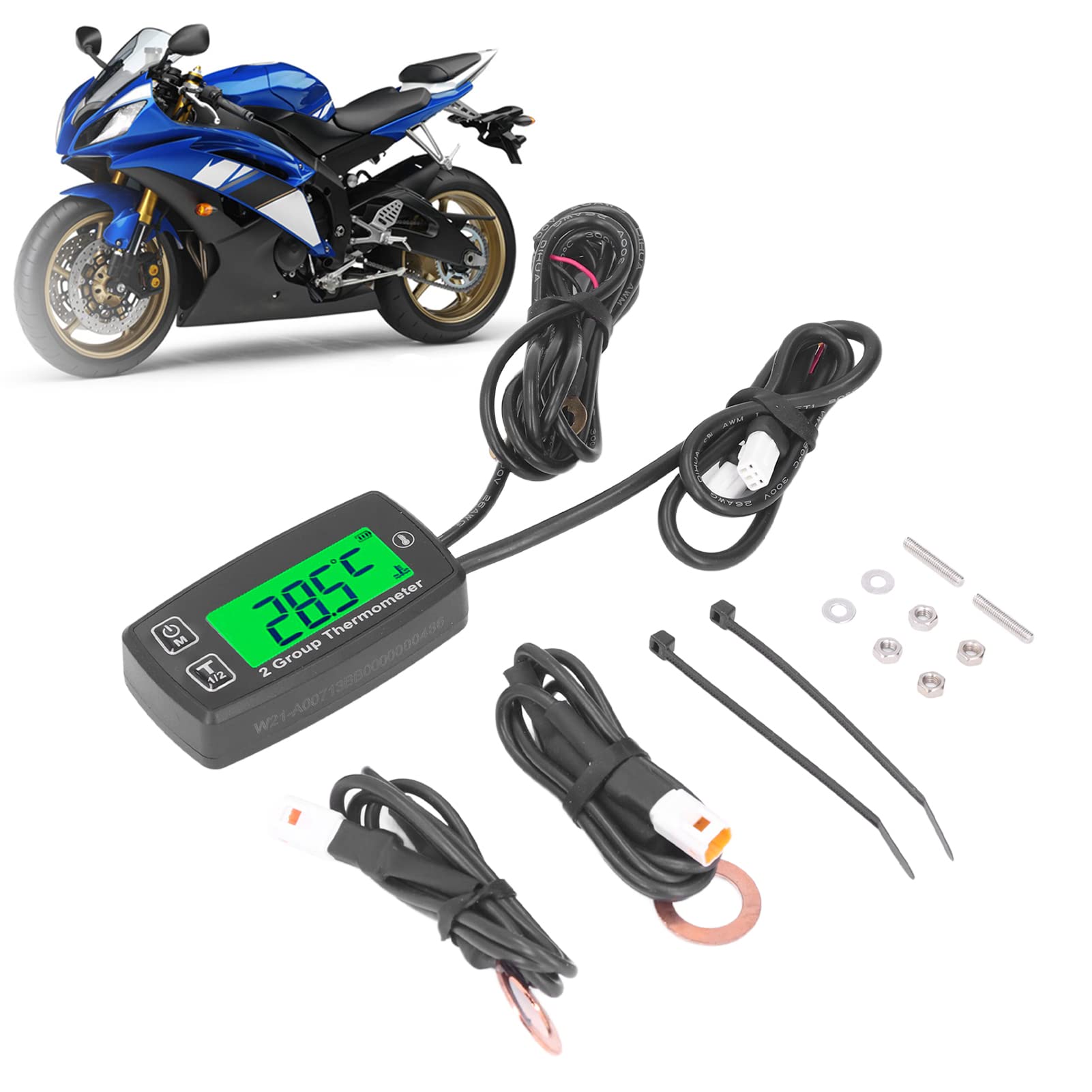 Indicatore Temperatura Motore, Termometro LCD a Doppio Canale Display Digitale Misuratore Temperatura Motore IP67 Termometro Retroilluminato Verde Impermeabile per Moto Barca ATV