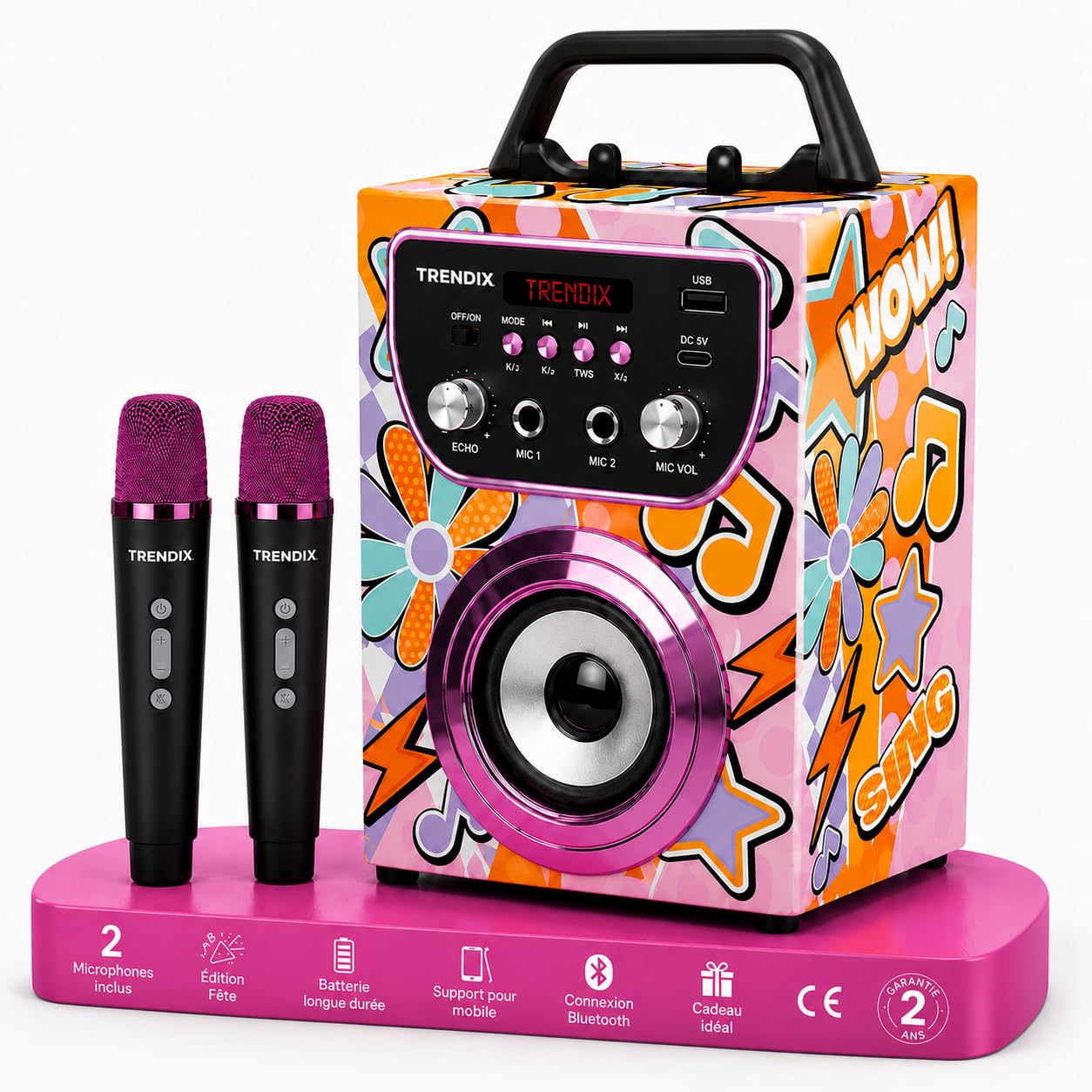 Trendix - Karaoke Enfant Magic Melody | Enceinte Karaoke 2 Micro sans Fil | Karaoké Enfant 2 Microphones | Enceinte avec Micro sans Fil | Enceinte Bluetooth Portable | Cadeau