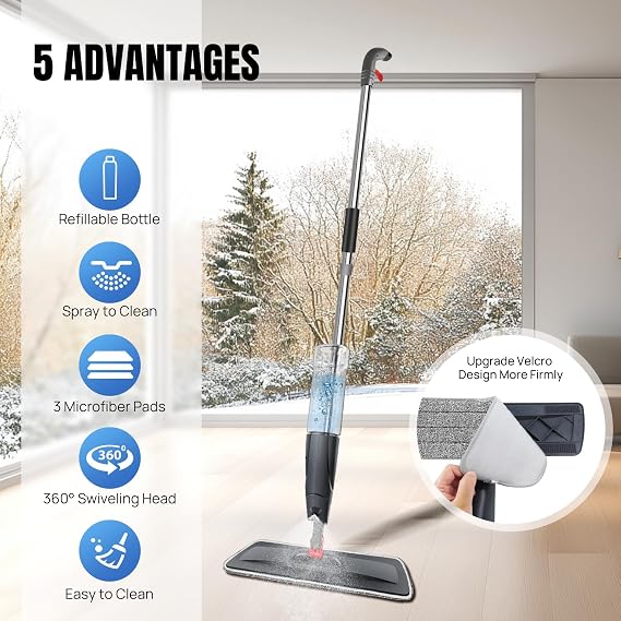 Microfibre Floor Spray Mop Dry Wet Mop Kitchen Floor Cleaning Mop 360° Swivel Head Suitable for Cleaning Tile Laminate Hardwood Ceramic with Washable Replacement Pads, 700ML Refillable Bottle