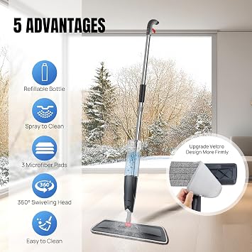 Microfibre Floor Spray Mop Dry Wet Mop Kitchen Floor Cleaning Mop 360° Swivel Head Suitable for Cleaning Tile Laminate Hardwood Ceramic with Washable Replacement Pads, 700ML Refillable Bottle