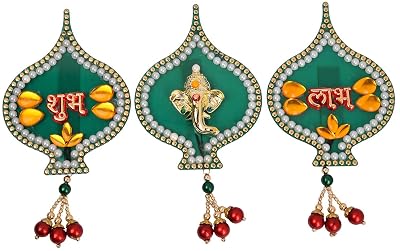 Dhara Arts & Creativity Acrylic Subh Labh Ganpati Stick (17 cm x 28 cm x 1 cm, Green, Set of 3, DA-263)