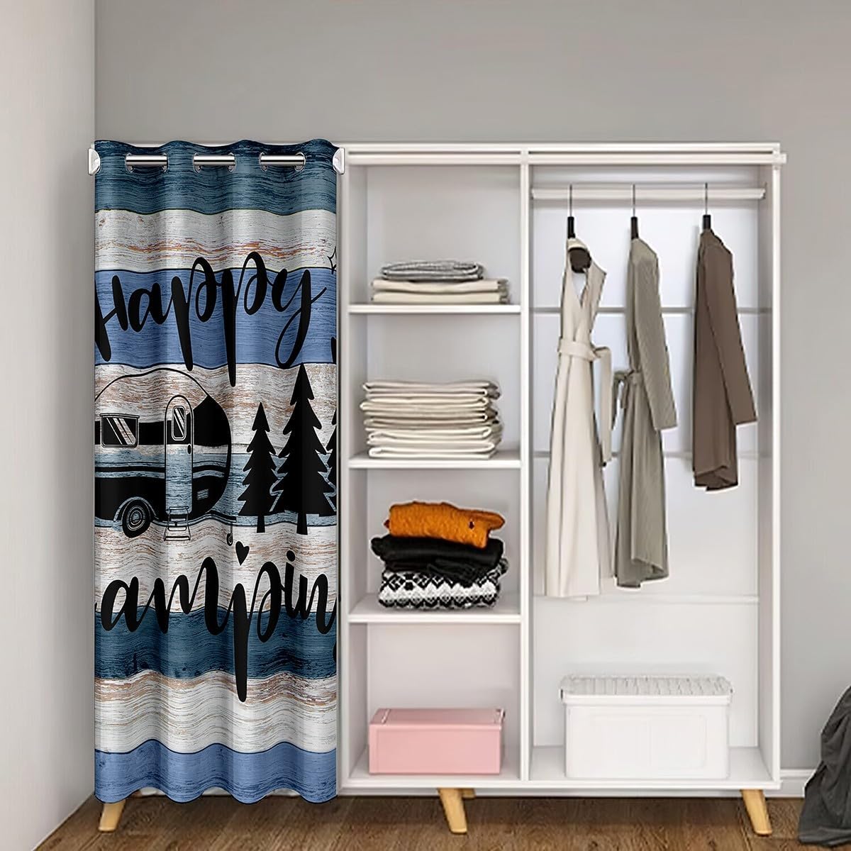 Boys Camper Door Curtain,Kids Farmhouse Style Outdoor Adventure Blackout Curtain for Bedroom Doorway Living Room,Happy Camping Pine Tree Drawing Design Privacy Door Drape 1 Panel,34" W X 80" L
