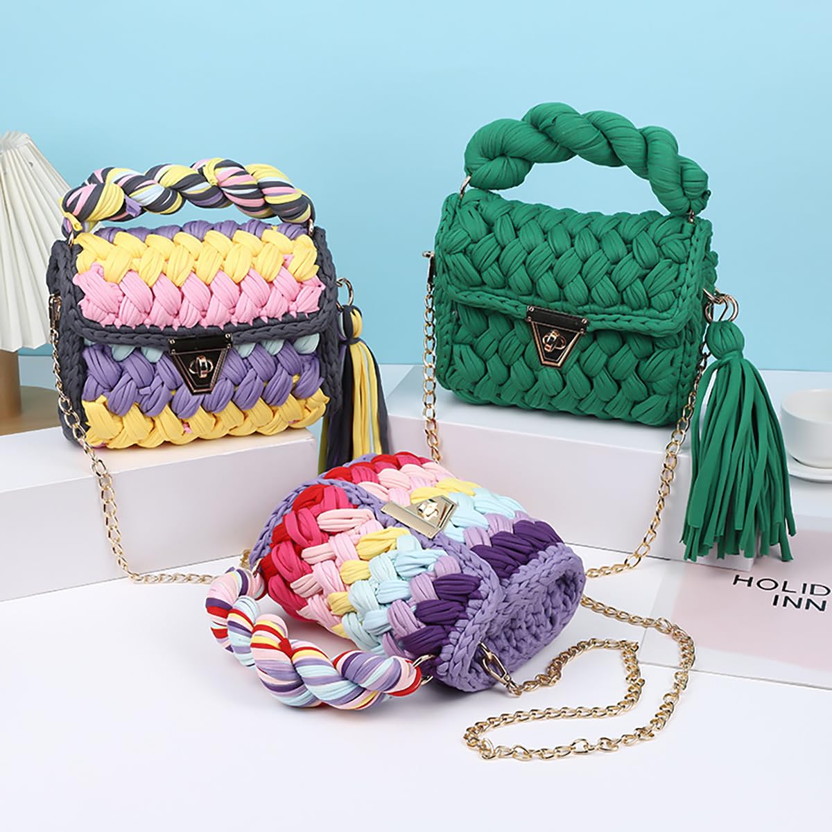 Bolso de mano para mujer, tejido a mano, de ganchillo, bolso de hombro cruzado de ganchillo para bricolaje, bolso de mano tejido de punto, bolso de noche