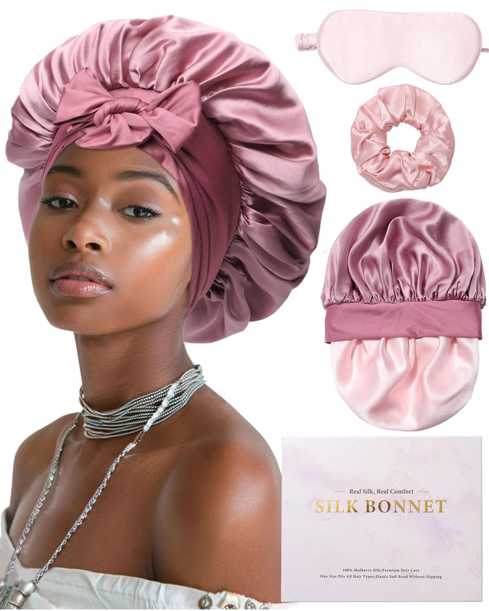 Mulberry Silk Bonnet for Sleeping Women Curly Hair Bonnet with Tie Band Double Layer Reversible Sleep Bonnet Silk Hair Wrap Sleep Cap (Bean Paste + Pink)-image-9