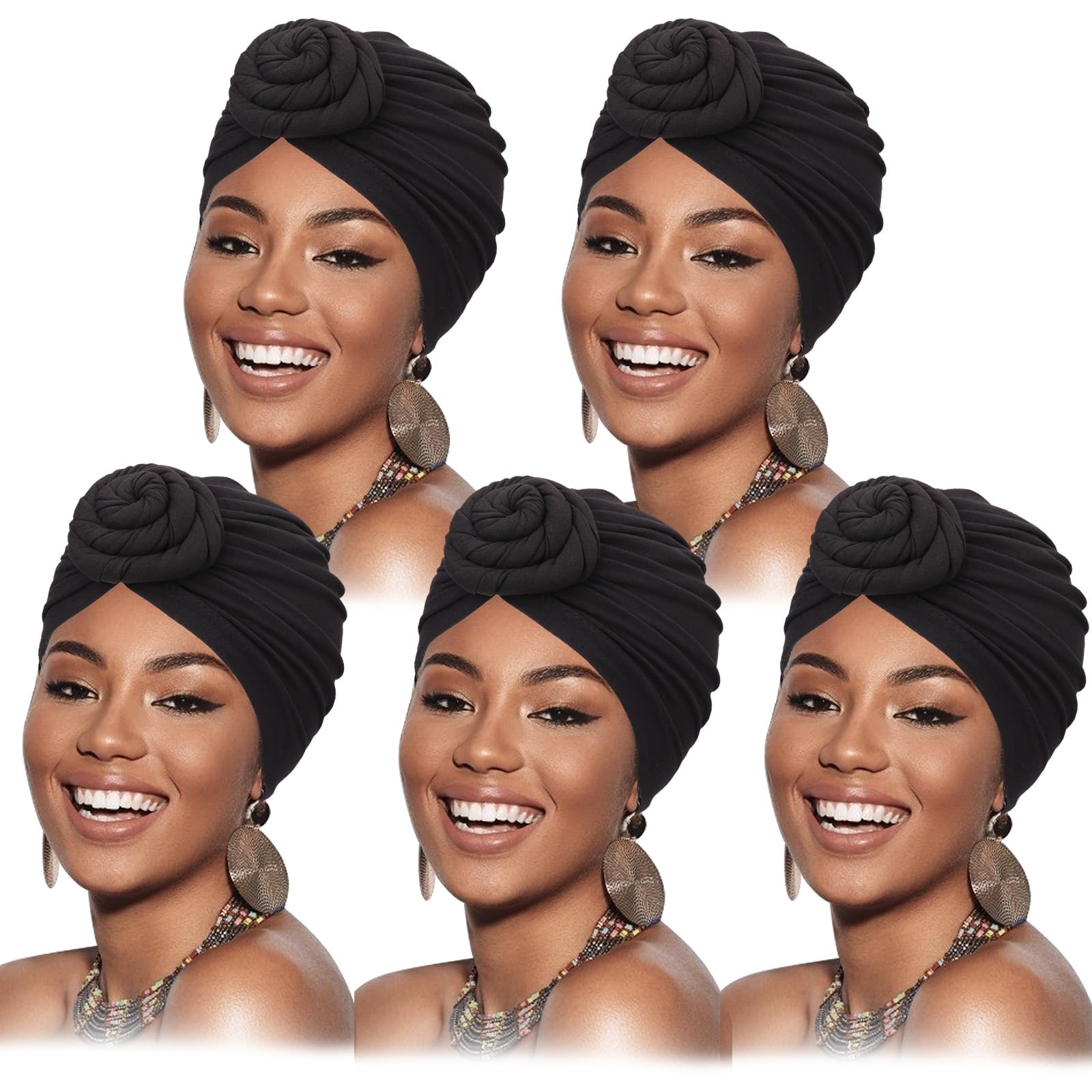 DRESHOW 5 Pack Knotted Headwraps for Women African Turban Pre-Knotted Beanie Headwraps Hair Covers