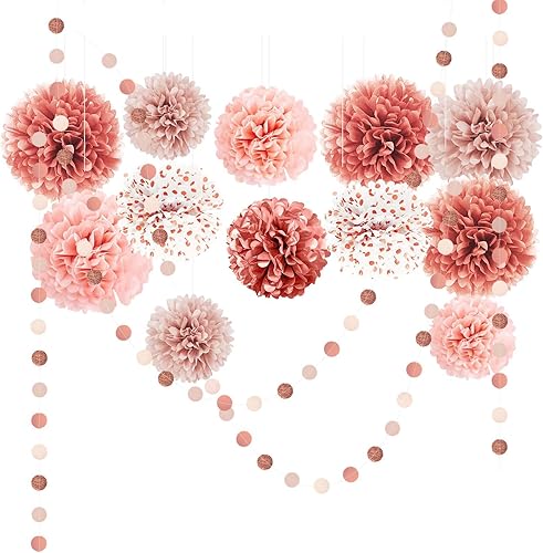 Miniatura 17 de NICROLANDEE Decoraciones de Despedida de Soltera - 15 Piezas Pompones de Papel de Seda Burdeos Oro Rosa Círculos Puntos Kit de Lunares para San