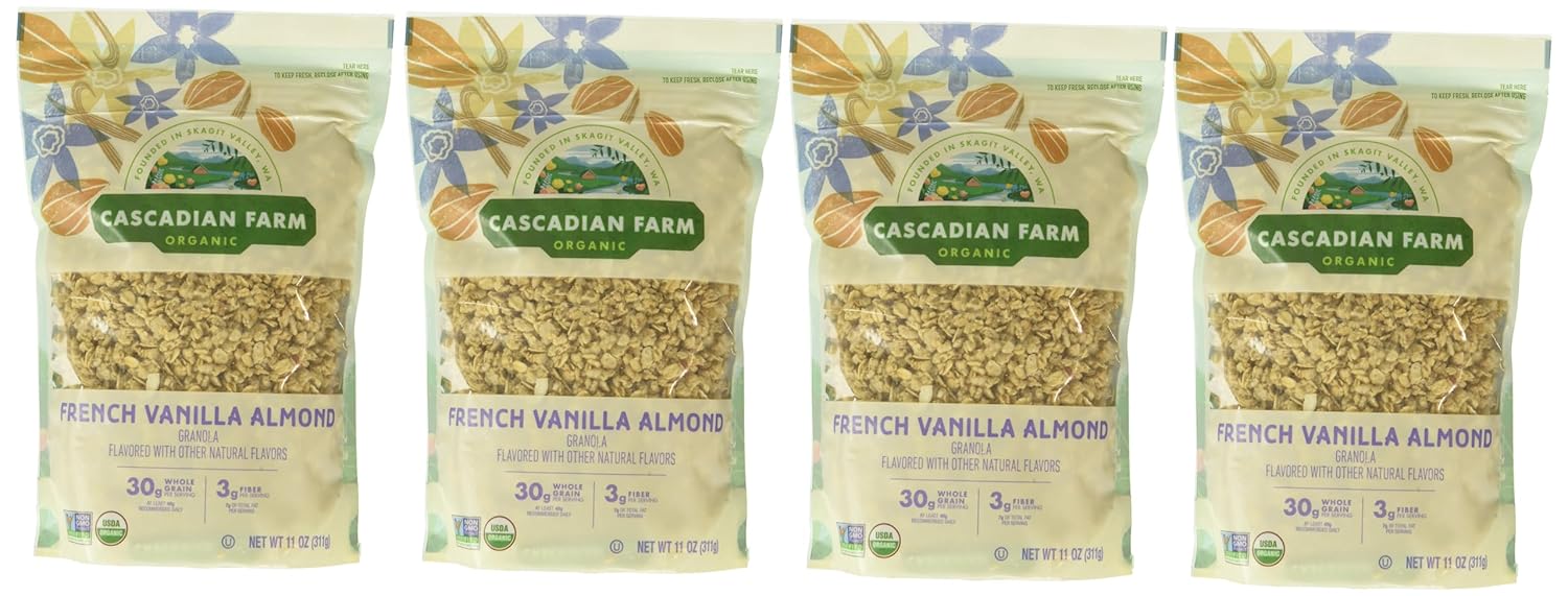 Cascadian Farm French Vanilla Almond Organic Granola, No Added Sugar, Non GMO, 11 Ounces (Pack Of 4)
