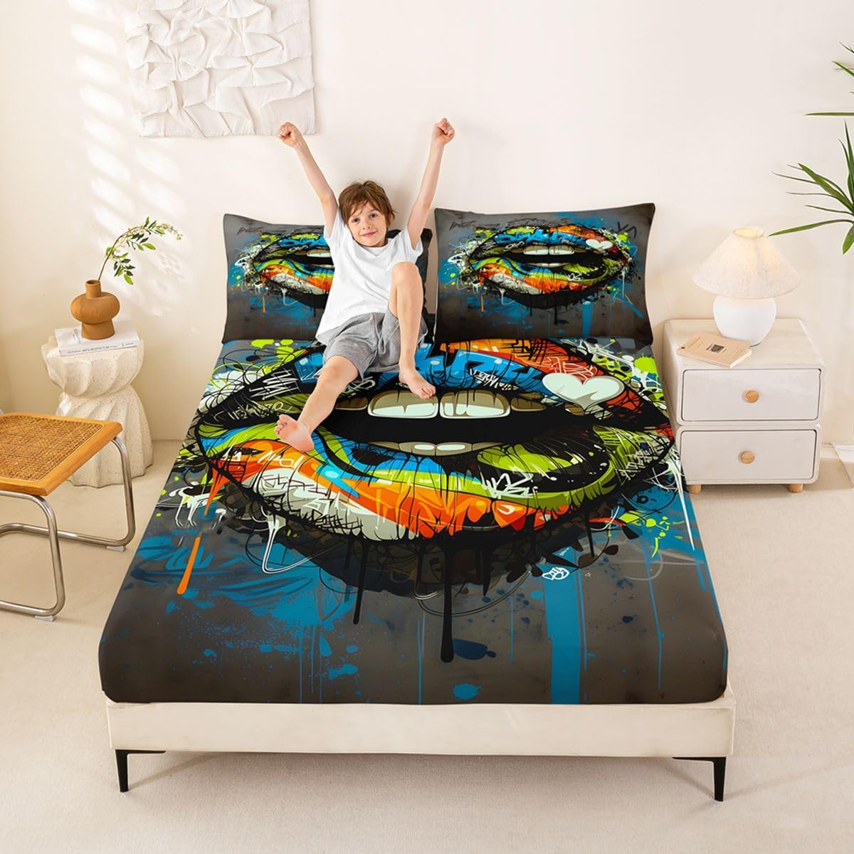 Graffiti Lips Fitted Sheets Full Size for Kids Boys,Colorful Kiss Graffiti Print Bedding Set 3Pcs Child Teens Room Decor Street Hip Hop Bed Sheets Retro Grey Deep Pocket Sheet （No Flat,2 Pillowcases
