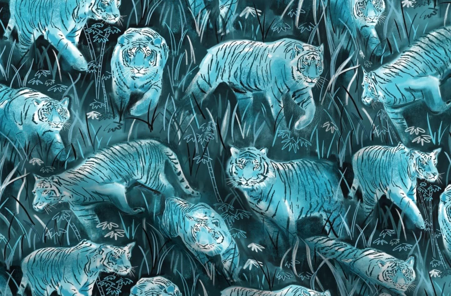 Spoonflower Fabric - Moonlight Monochrome Teal Cats Grass Jungle Night Tiger Black Blue Big Printed on Organic Cotton Sateen Fabric by The Yard - Sewing Quilting Apparel Home Decor