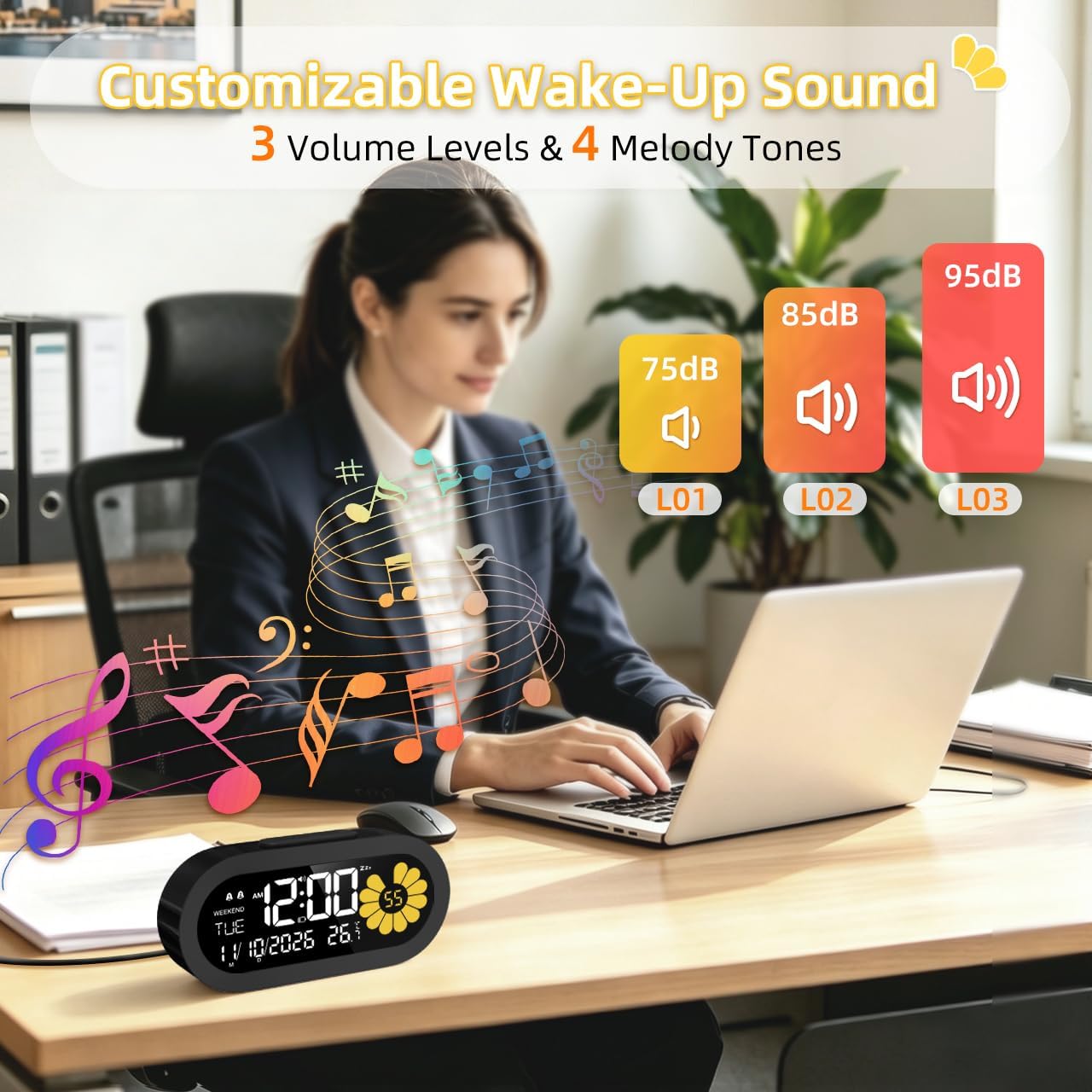 DOOMAY Digital Alarm Clock for Bedroom: Dual Alarm Bedside Clock VA LCD Display with Seconds, 9-Minute Snooze and Weekend Mode, 3 Brightness, 4 Alarms and 3 Volume Levels，Type C & Battery Included