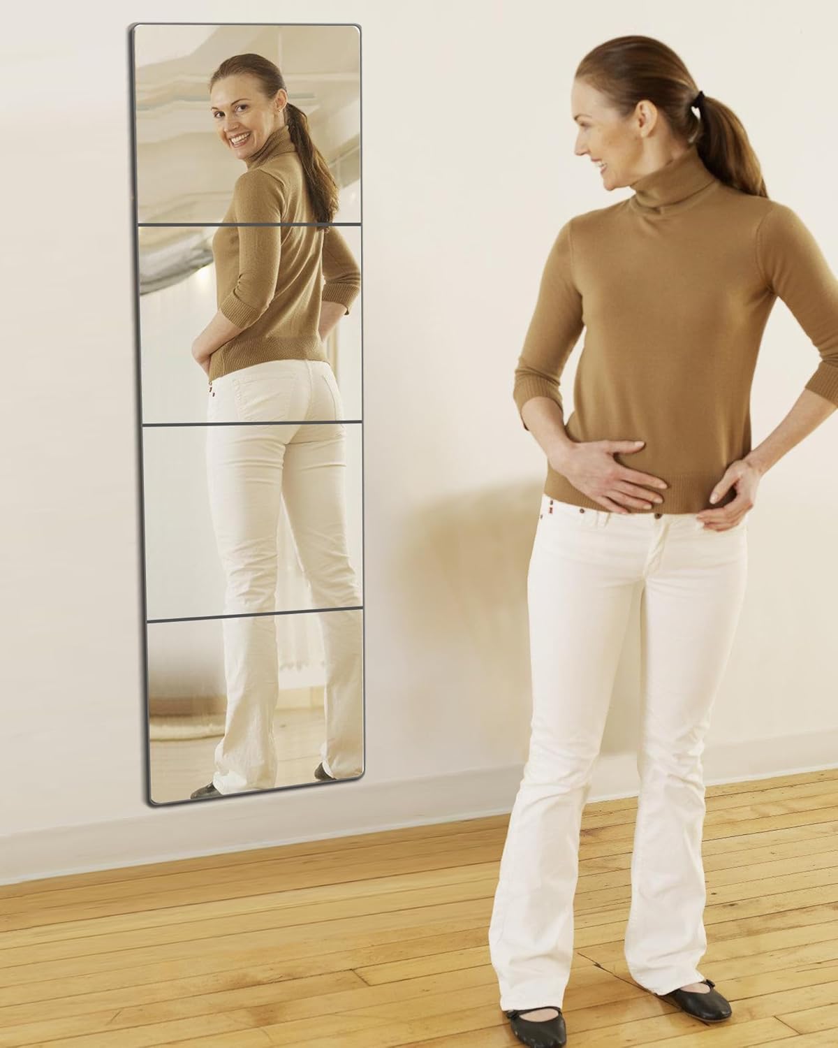 full length wall mirror tiles, made of shatterproof plexiglass acrylic (large 16"x 16"x 4 pcs); non glass safety mirror great for baby kids playroom, bedroom, door, home gym