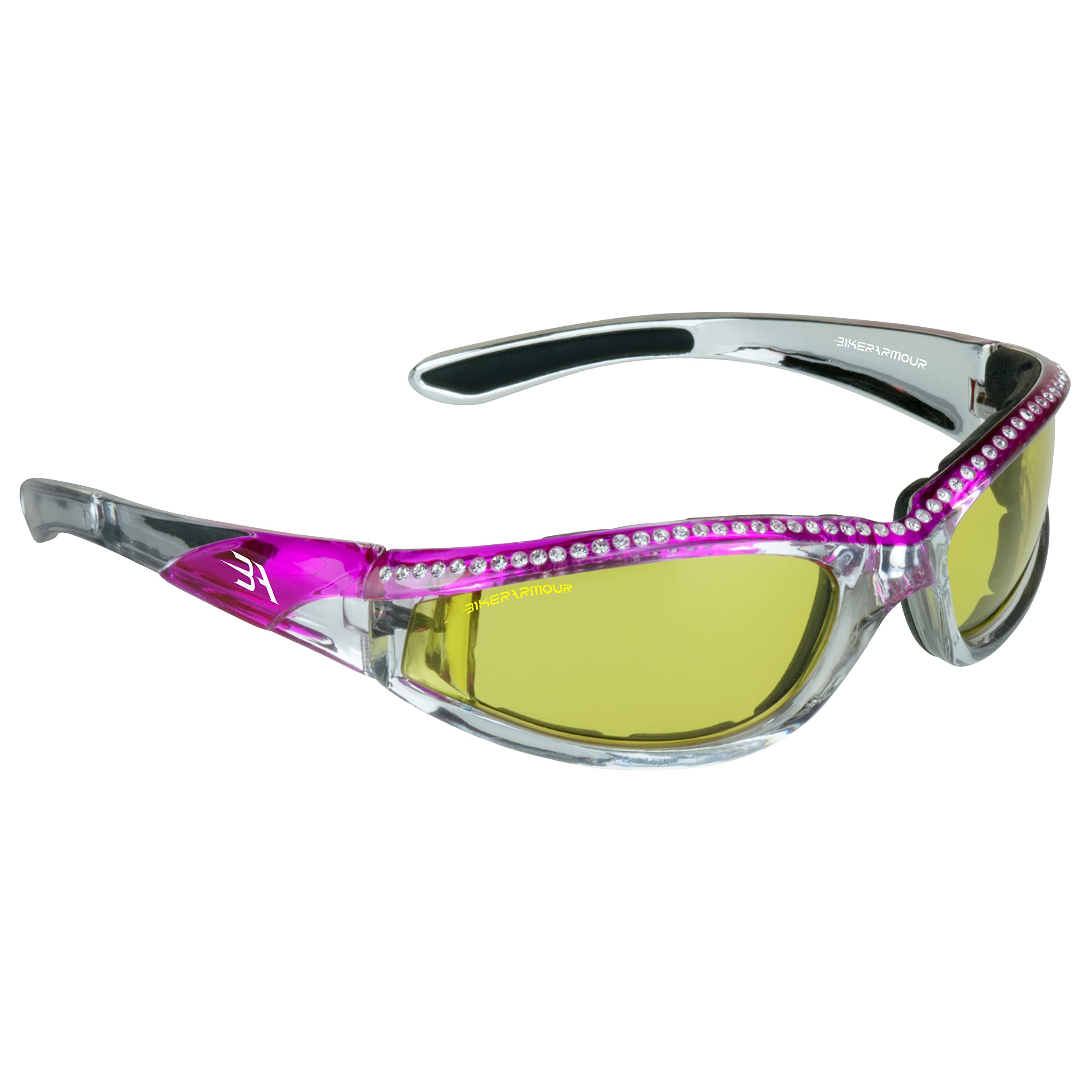 Bikershades Chrome Frame Anti Glare Mirrored Motorcycle Sunglasses with Rhinestones Foam Padded for Women (Yellow Pink)