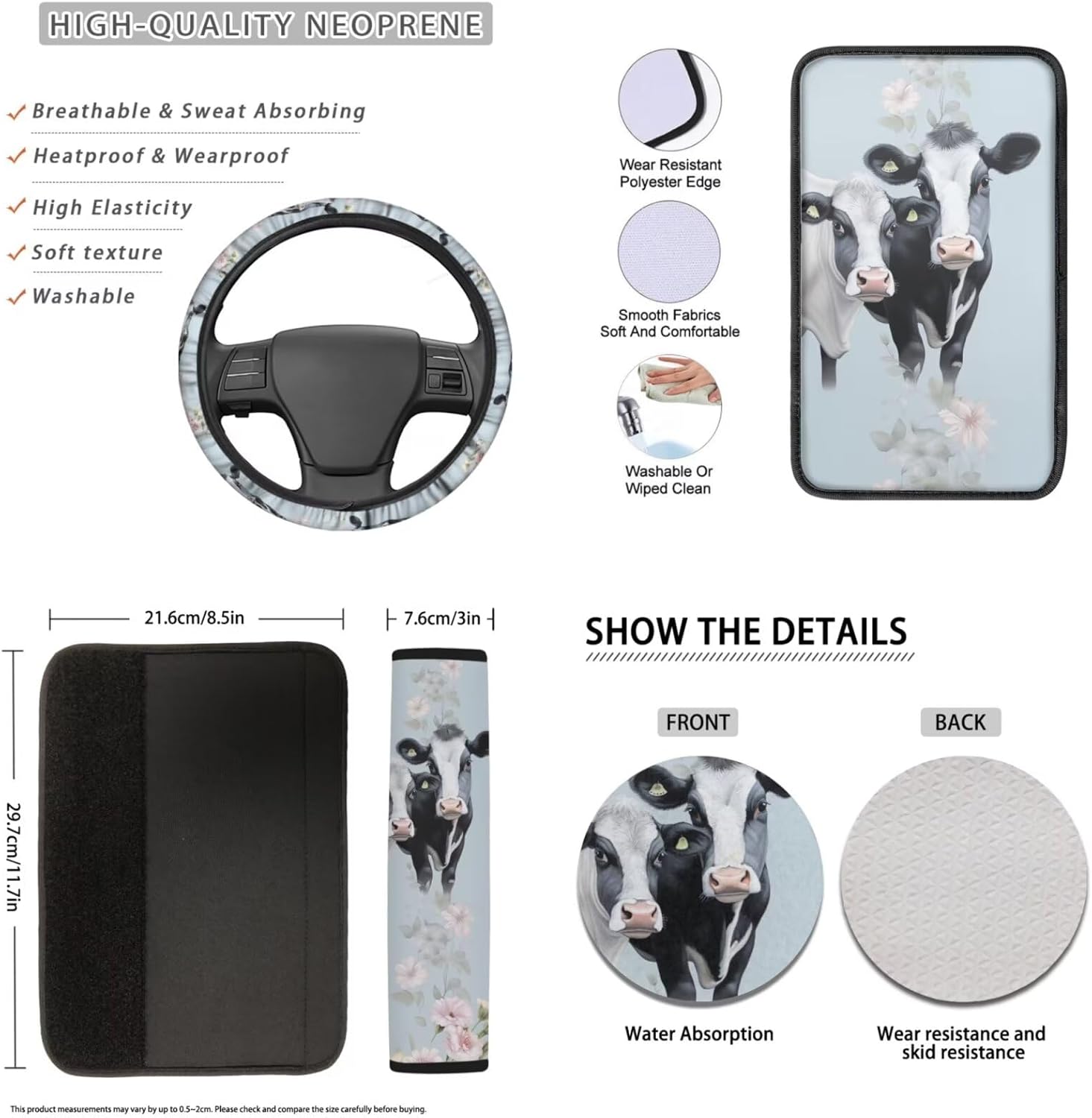 Universal Fit Animal Cow Print Automobile Interior Sets Car Seat Cover Steering Wheel Cover Seat Belt Pads Handbrake Cover Gear Shift Knob Cover Headrest Cover
