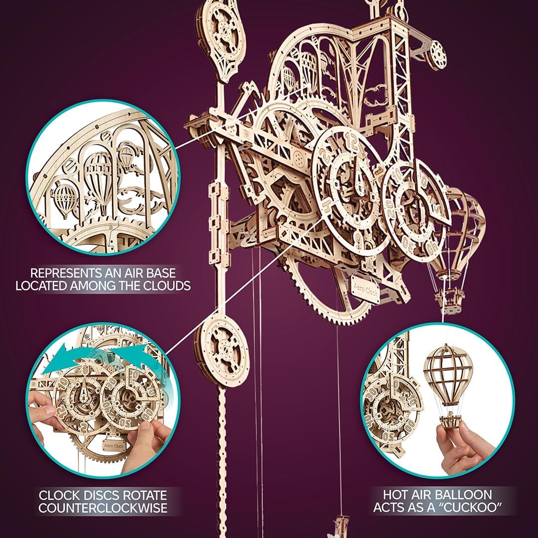 UGEARS Aero Clock Wooden 3D Puzzles for Adults - Mechanical Wooden Model Kits for Adults to Build, Wall Clock 3D Puzzle with Pendulum Model Kit, DIY Miniature Kit Crafts Gift for Christmas
